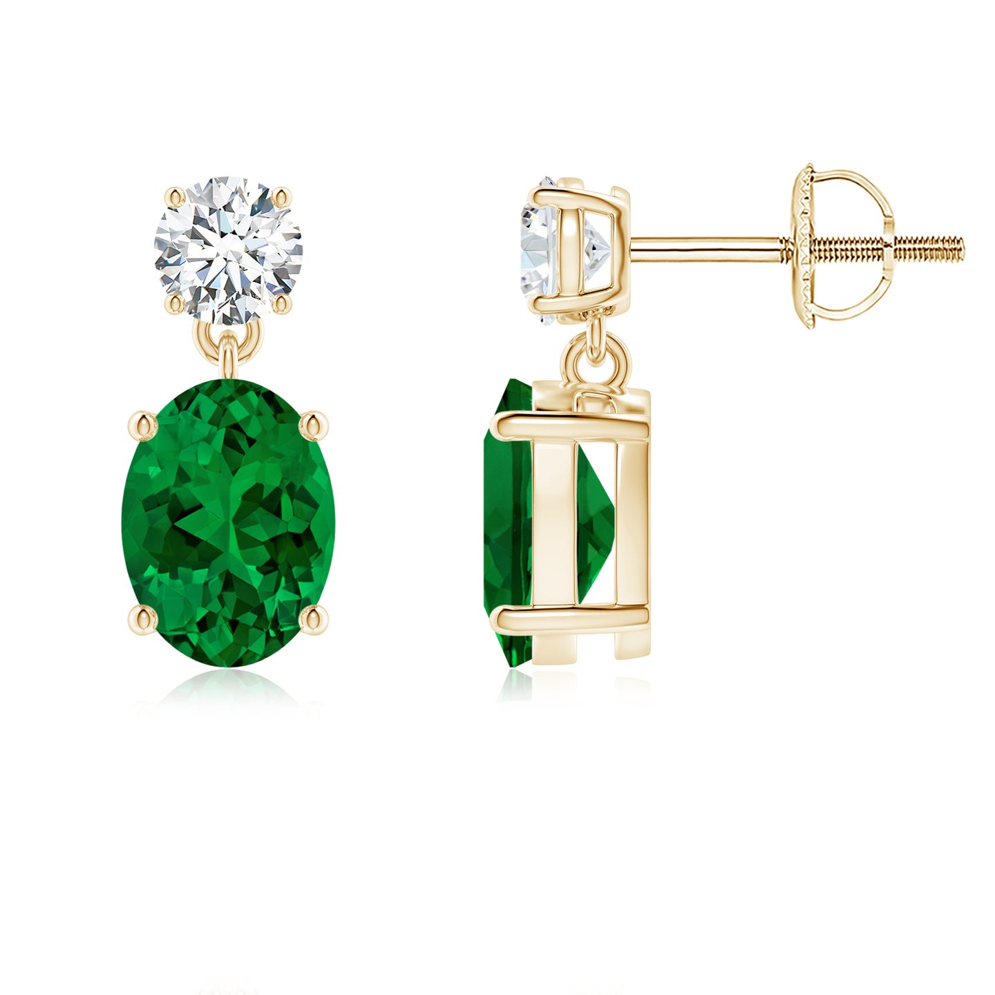 Prong-Set Lab-Grown Oval Emerald and Round Diamond Drop Earrings
