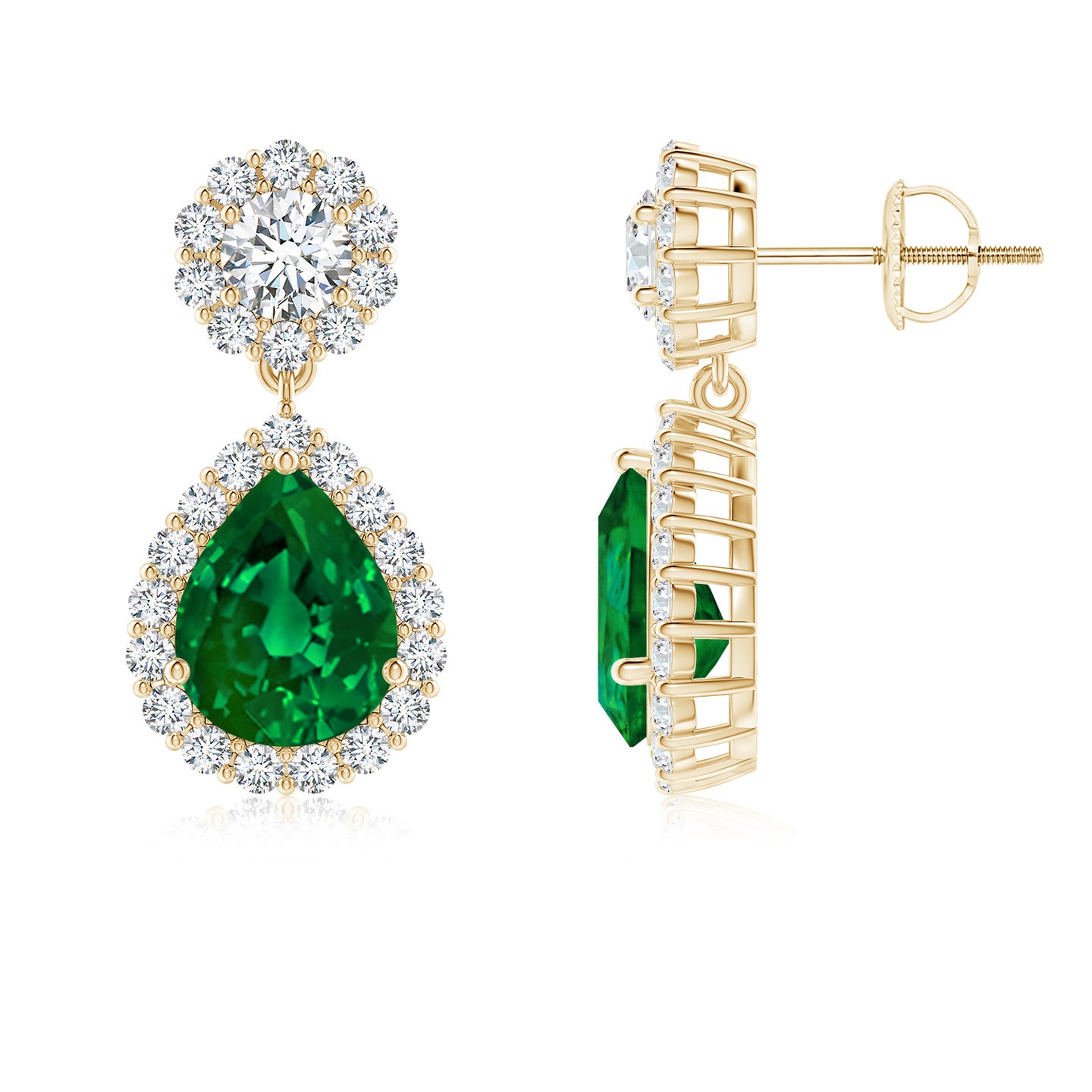 Lab-Grown Pear Emerald and Diamond Halo Drop Earrings