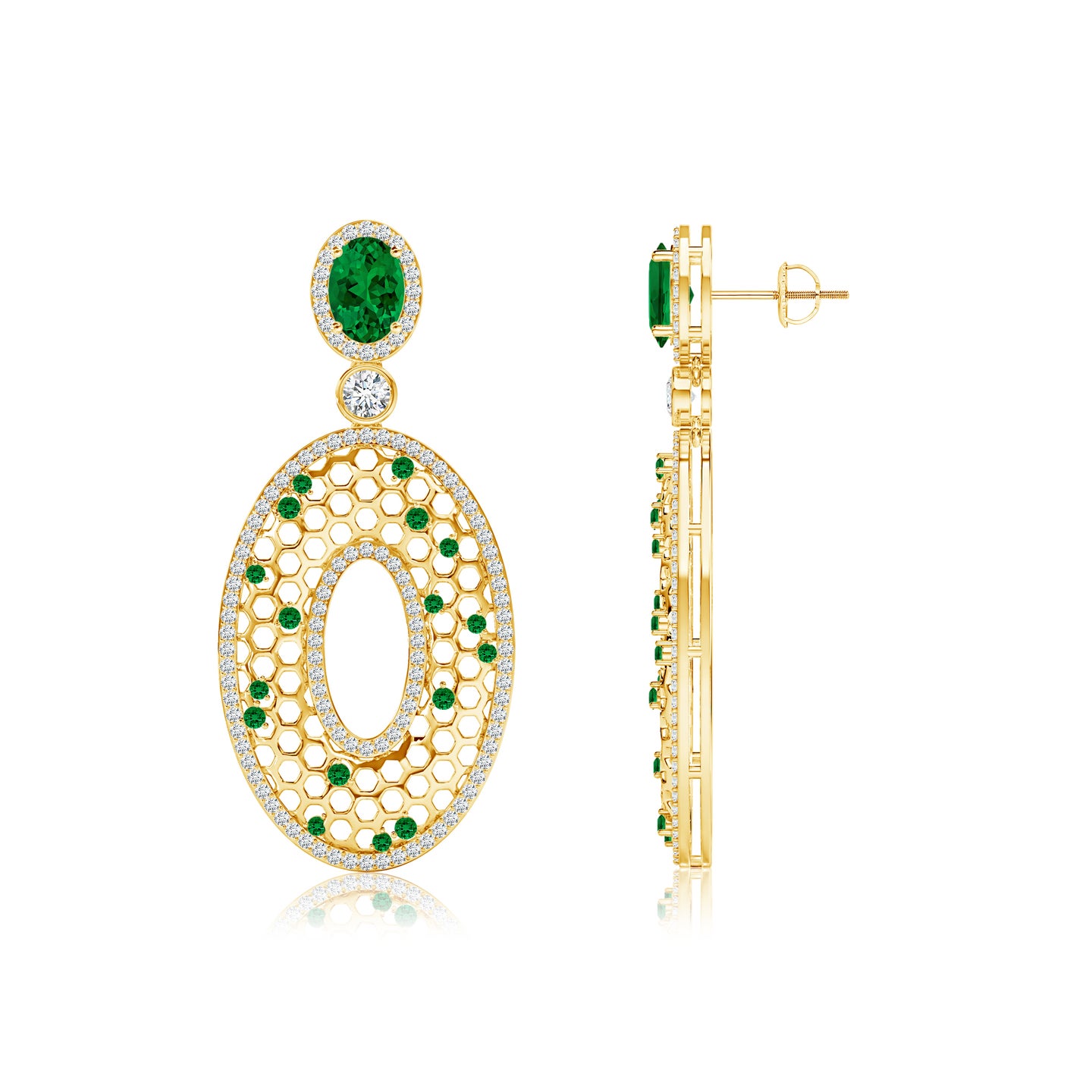Honeycomb Lab Grown Emerald with Lab Grown Diamond Earrings