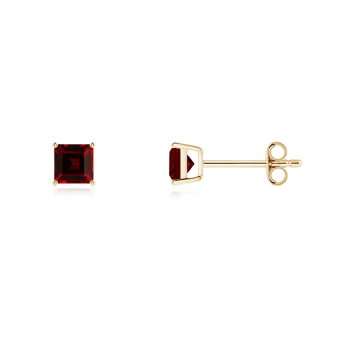 4mm AAAA Classic Basket-Set Square Garnet Stud Earrings in Yellow Gold