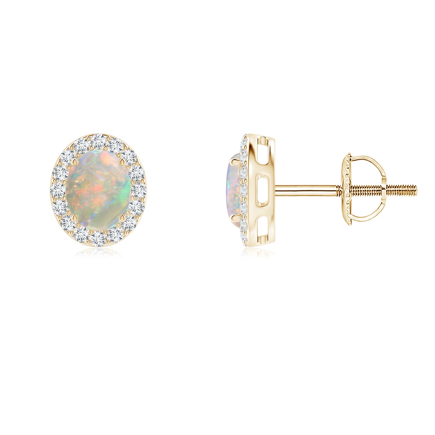 5x4mm AAAA Oval Opal Studs with Diamond Halo in Yellow Gold