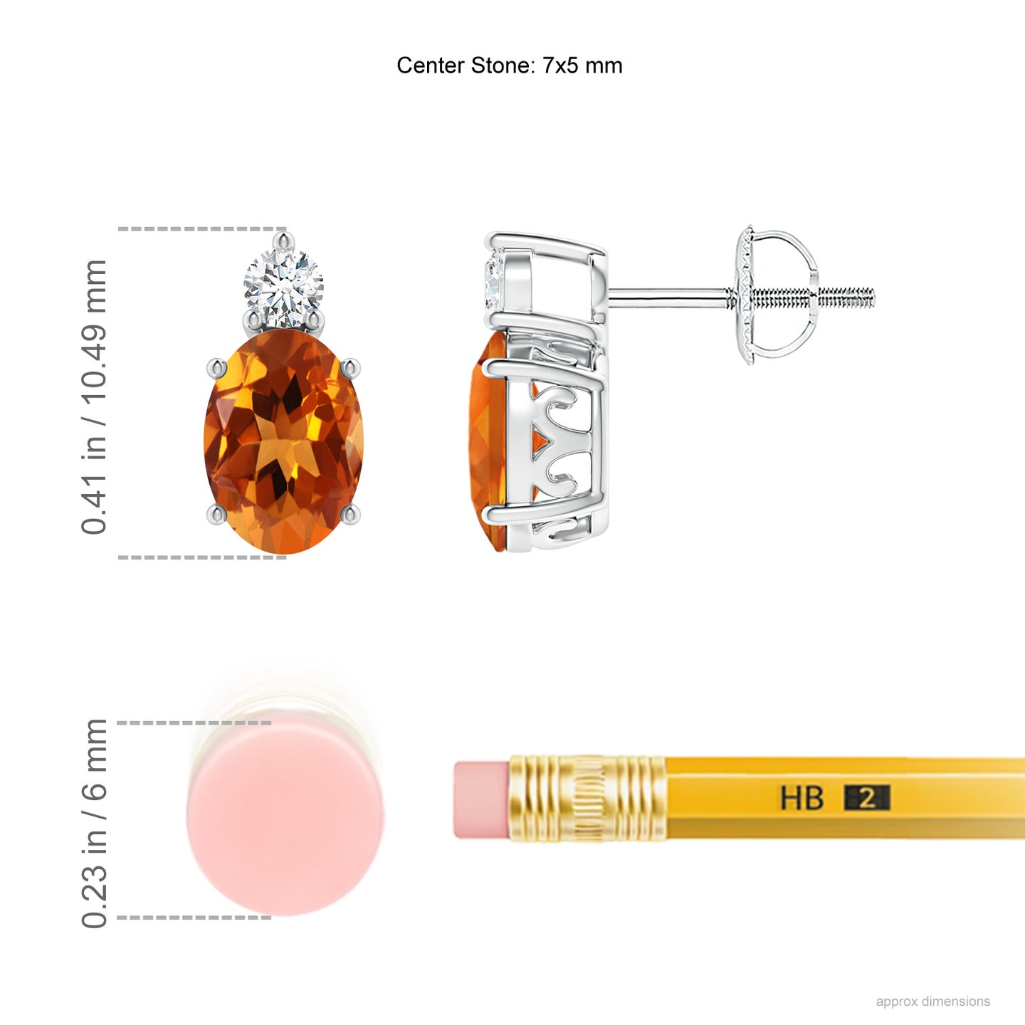 7x5mm AAAA Basket-Set Oval Citrine Stud Earrings with Diamond in White Gold
