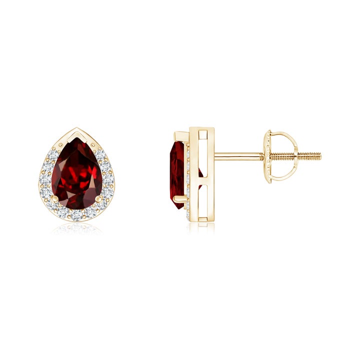 6x4mm AAAA Pear-Shaped Garnet Stud Earrings with Diamond Halo in Yellow Gold