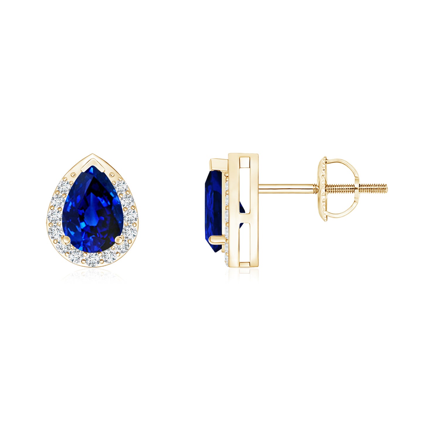Lab-Grown Pear-Shaped Blue Sapphire Stud Earrings with Diamond Halo