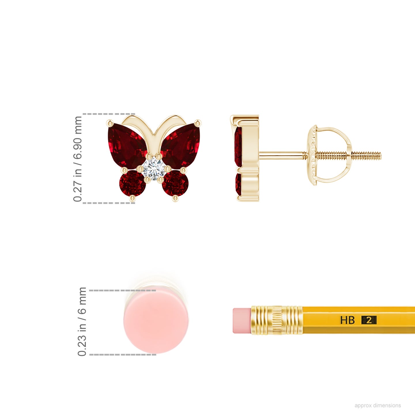 4x3mm AAAA Ruby Butterfly Stud Earrings with Diamond in Yellow Gold