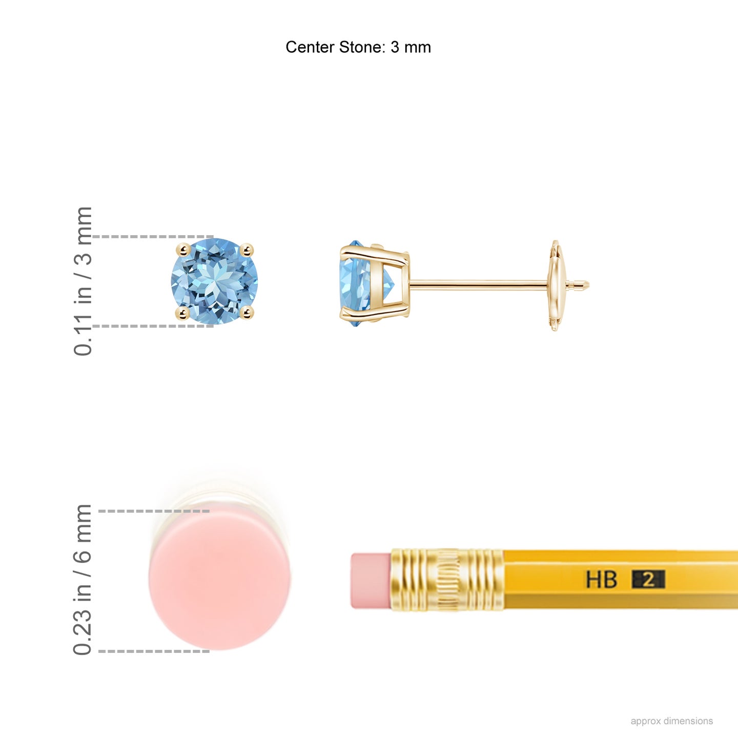 3mm AAAA Round Aquamarine Stud Earrings in Yellow Gold