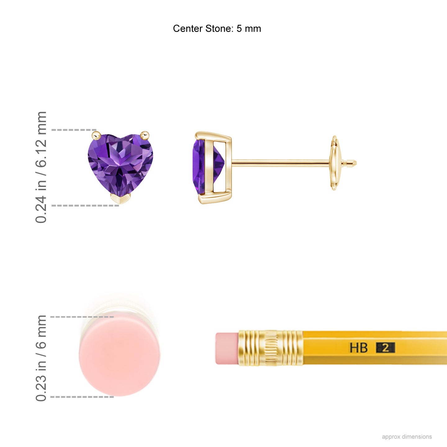 5mm AAAA Amethyst Solitaire Heart Stud Earrings in Yellow Gold