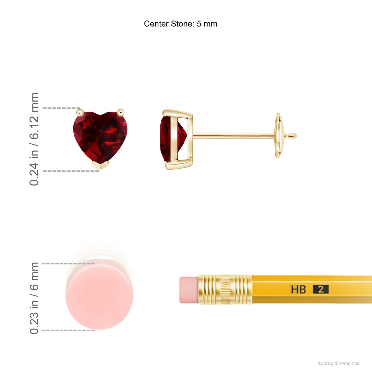 5mm AAAA Garnet Solitaire Heart Stud Earrings in Yellow Gold