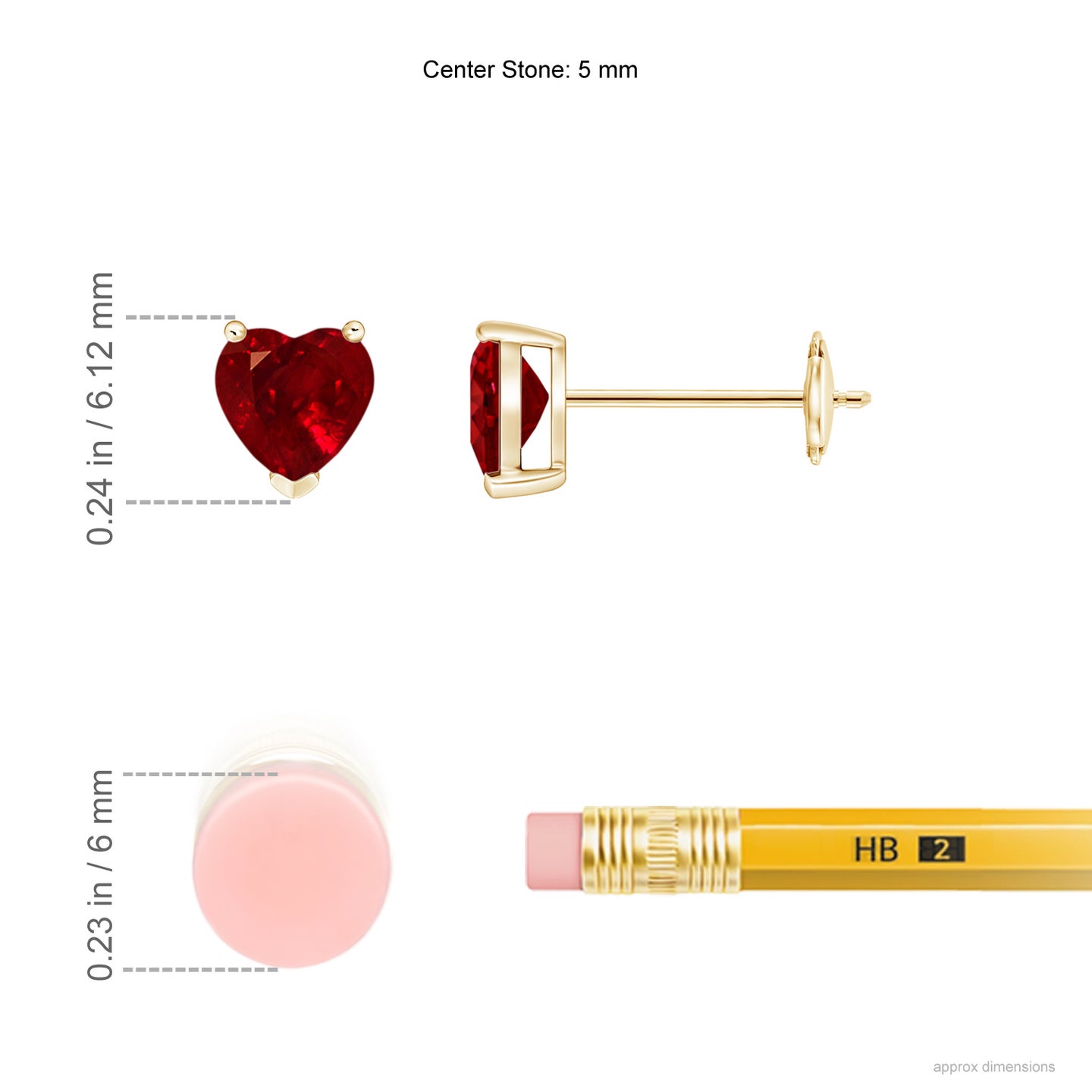 5mm AAAA Ruby Solitaire Heart Stud Earrings in Yellow Gold