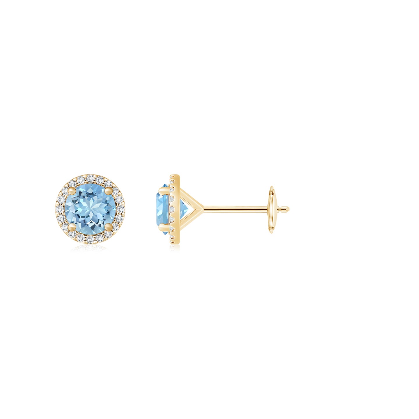 6mm AAAA Classic Aquamarine and Diamond Halo Stud Earrings in Yellow Gold