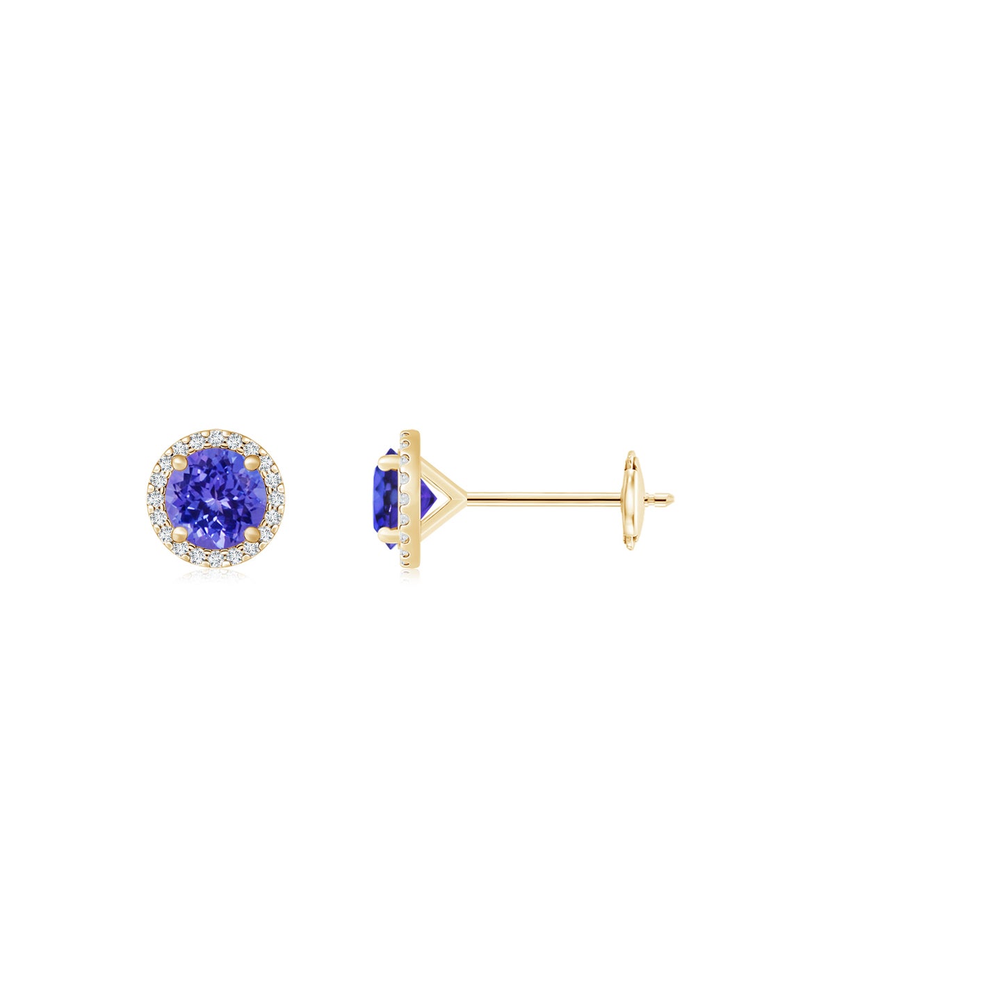 5mm AAAA Classic Tanzanite and Diamond Halo Stud Earrings in Yellow Gold