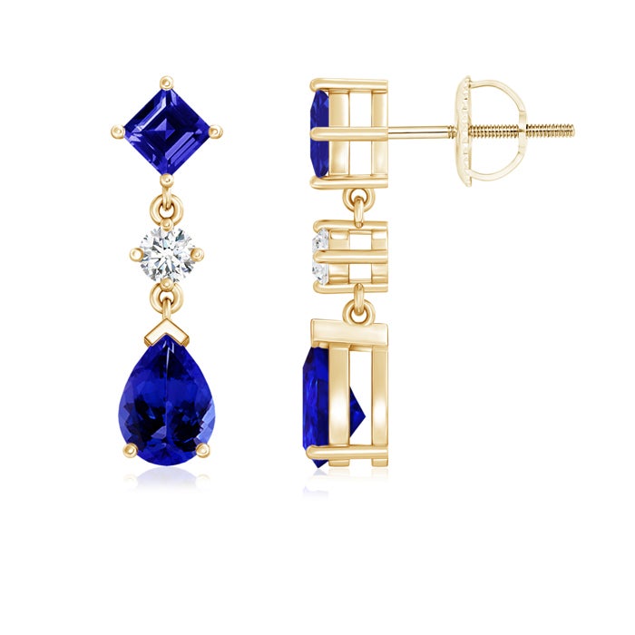 7x5mm AAAA Square and Pear Tanzanite Drop Earrings with Diamond in Yellow Gold