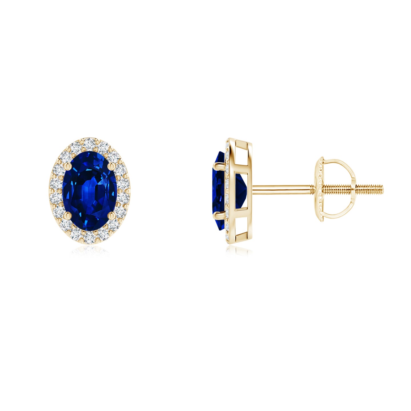 Lab-Grown Oval Blue Sapphire Stud Earrings with Diamond Halo
