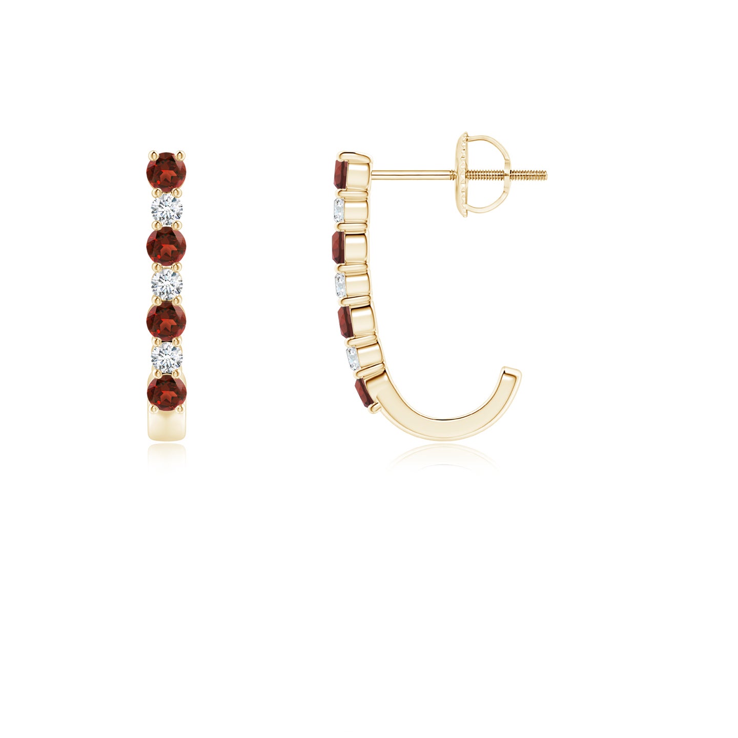 2mm AAAA Garnet and Diamond J-Hoop Earrings in Yellow Gold