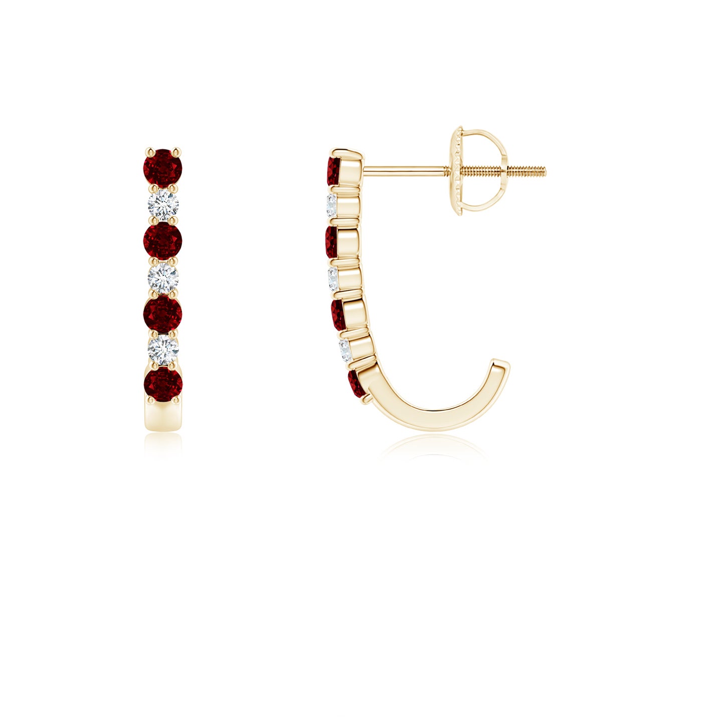 2mm AAAA Ruby and Diamond J-Hoop Earrings in Yellow Gold