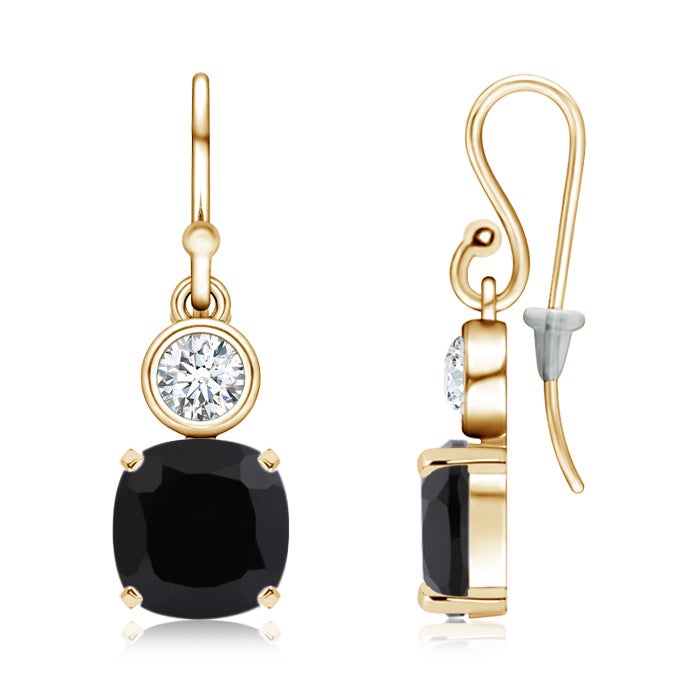 7mm AAA Cushion Black Onyx Drop Earrings with Diamond in Yellow Gold