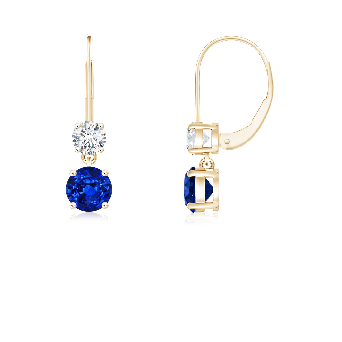 Round Blue Sapphire Leverback Dangle Earrings with Diamond