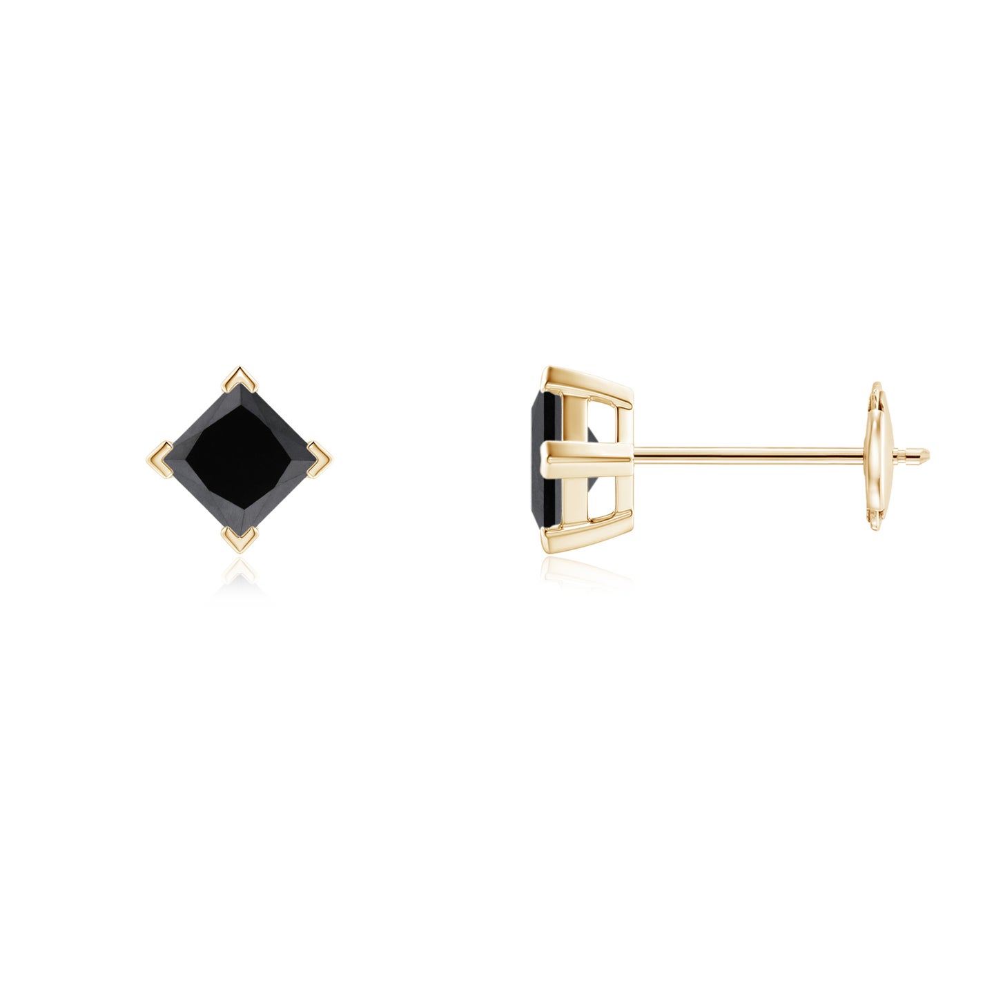 3.5mm AA Princess-Cut Black Diamond Stud Earrings in Yellow Gold