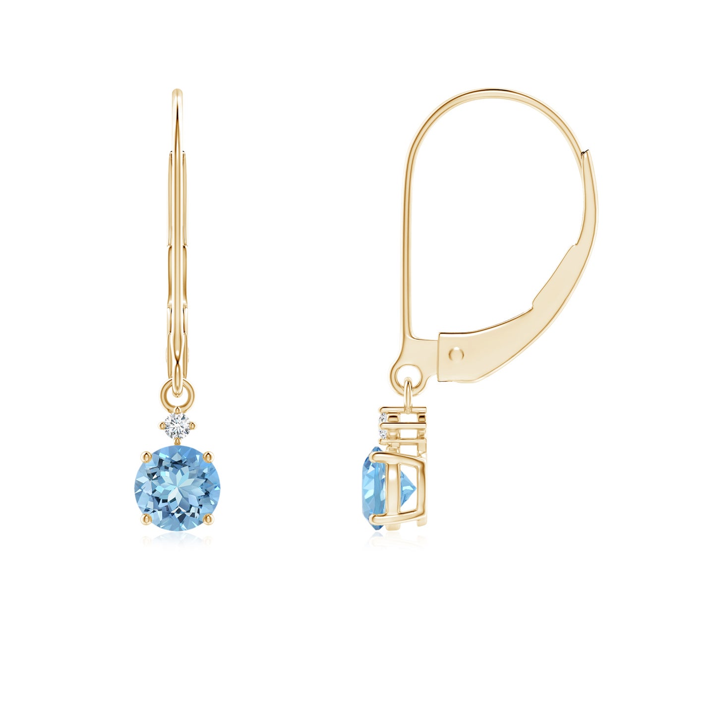 4mm AAAA Solitaire Aquamarine Dangle Earrings with Diamond in Yellow Gold