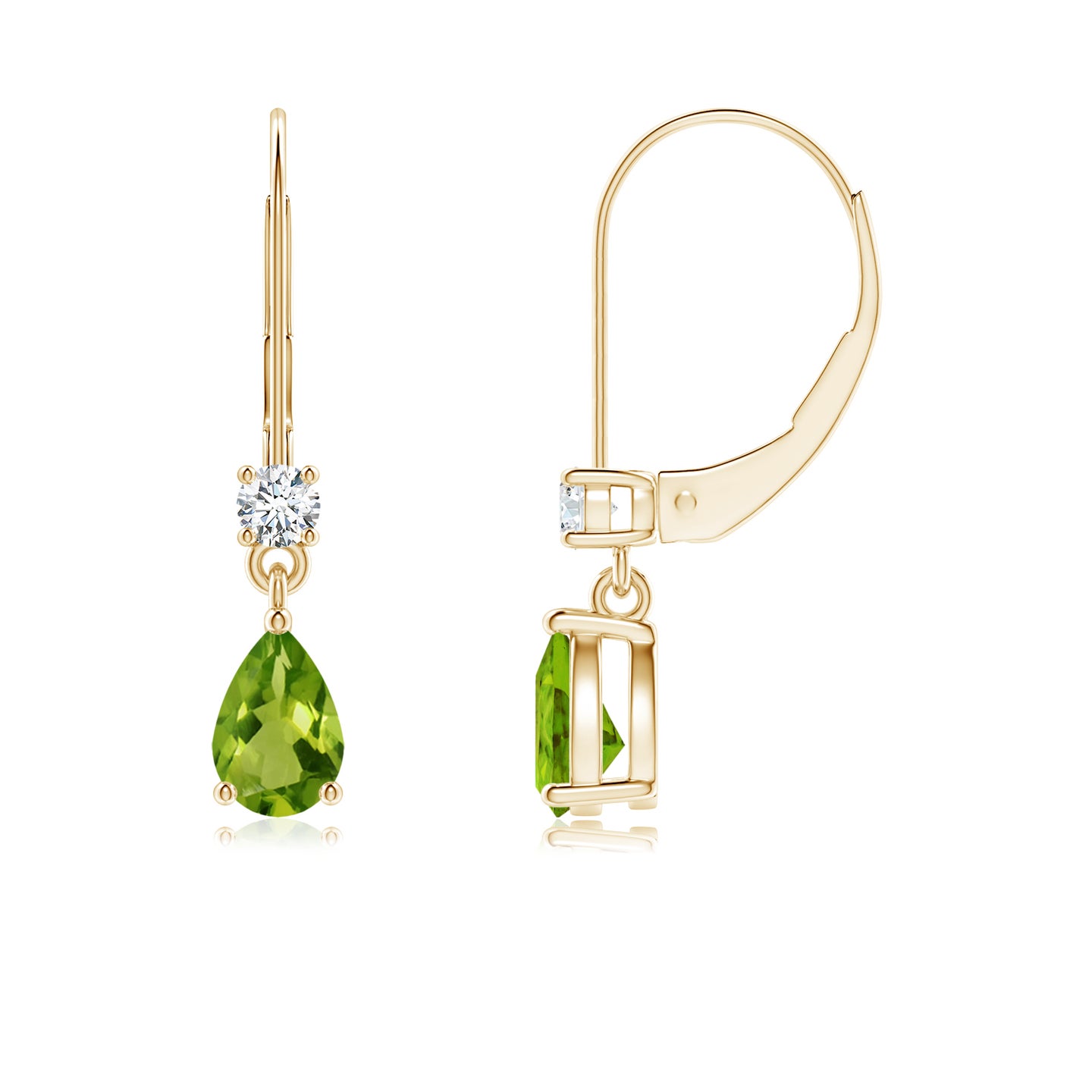 6x4mm AAAA Pear Peridot Leverback Drop Earrings with Diamond in Yellow Gold 6x4mm AAAA Pear Peridot Leverback Drop Earrings with Diamond in Yellow Gold