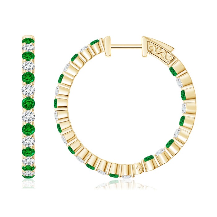 1.6mm AAAA Round Emerald and Diamond Inside Out Hoop Earrings in Yellow Gold