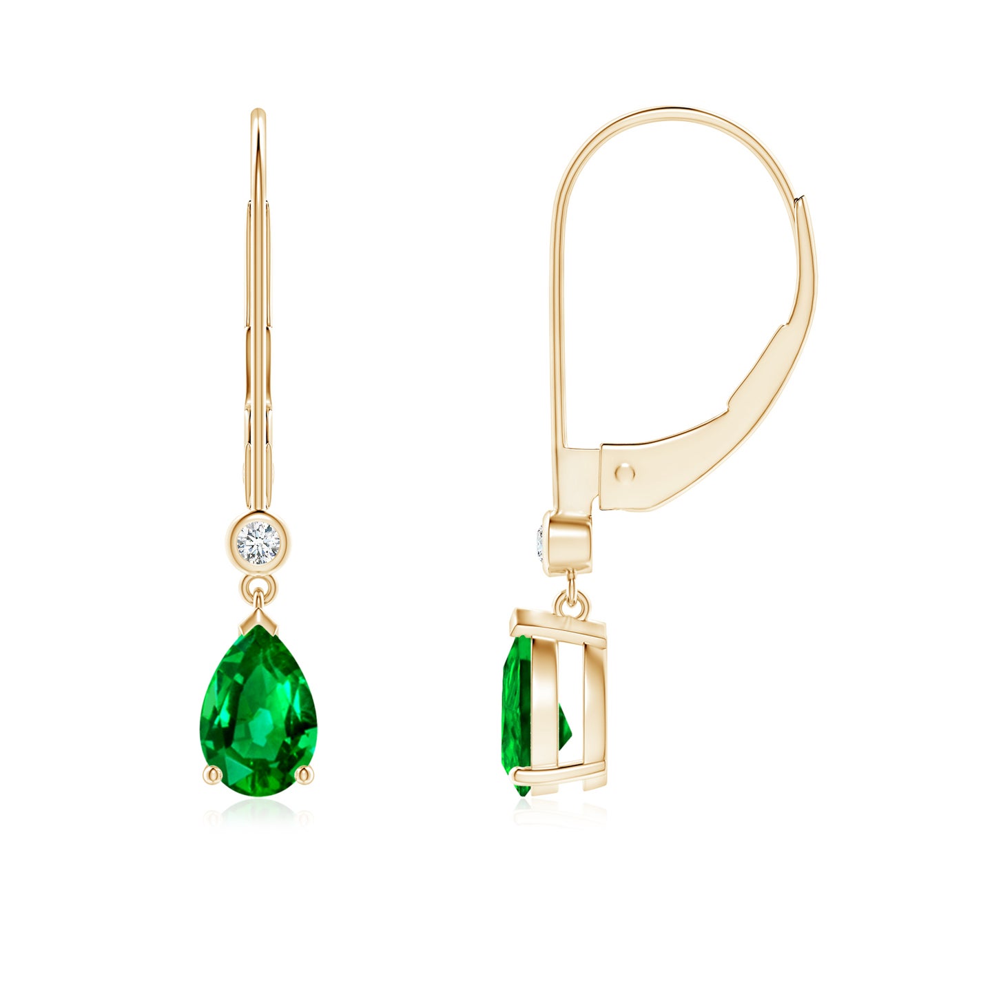 6x4mm AAAA Pear-Shaped Emerald Leverback Drop Earrings with Diamond in Yellow Gold
