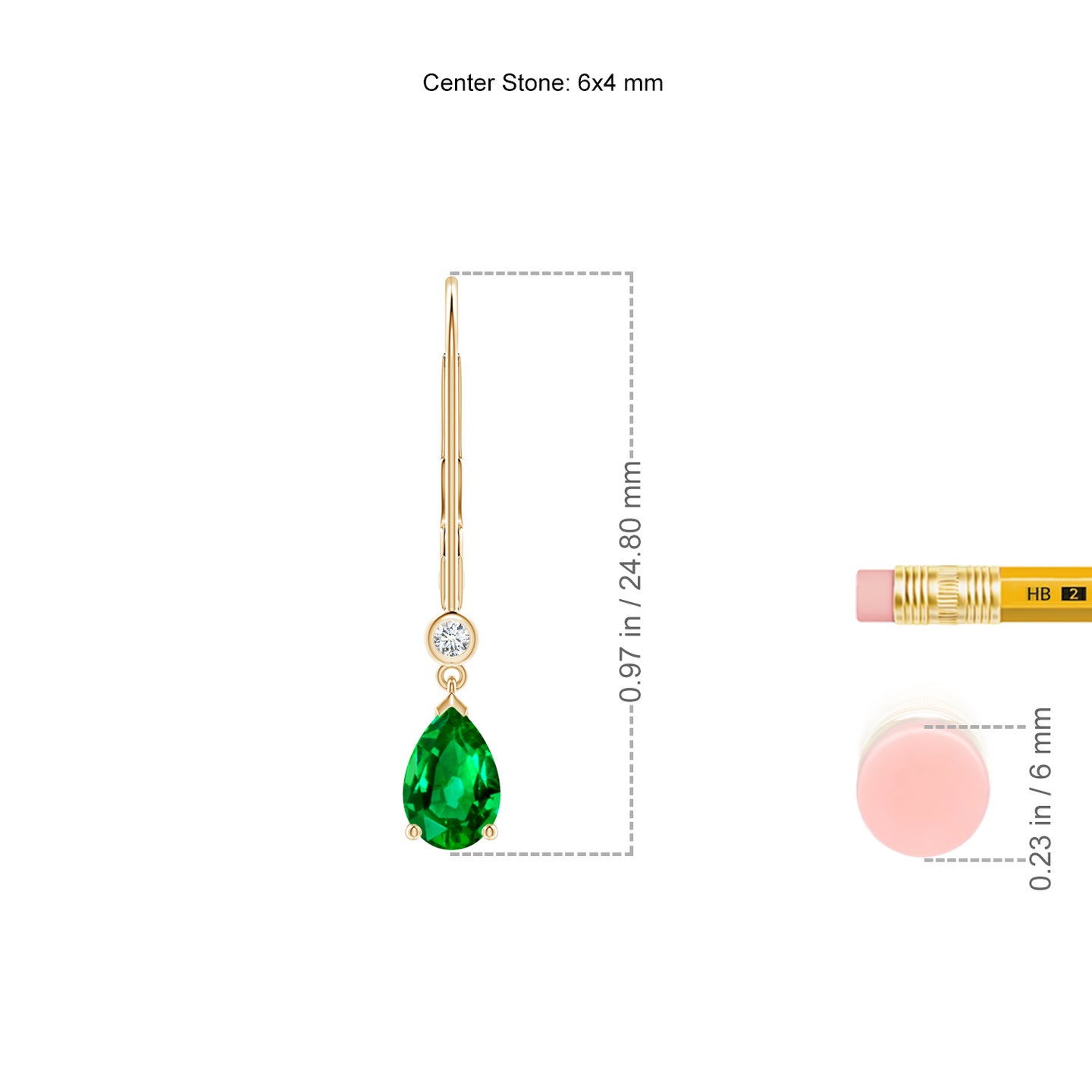6x4mm AAAA Pear-Shaped Emerald Leverback Drop Earrings with Diamond in Yellow Gold
