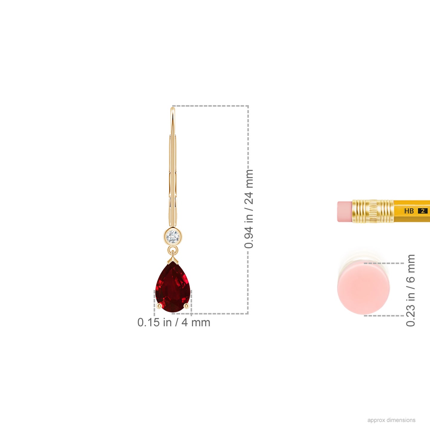6x4mm AAAA Pear-Shaped Ruby Leverback Drop Earrings with Diamond in Yellow Gold