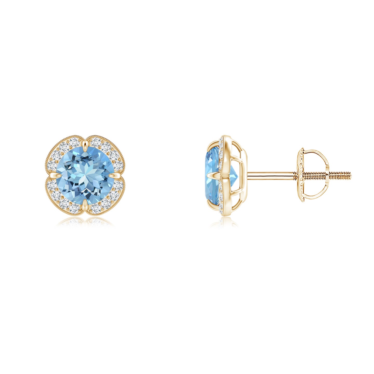 5mm AAAA Claw-Set Aquamarine Clover Stud Earrings in Yellow Gold