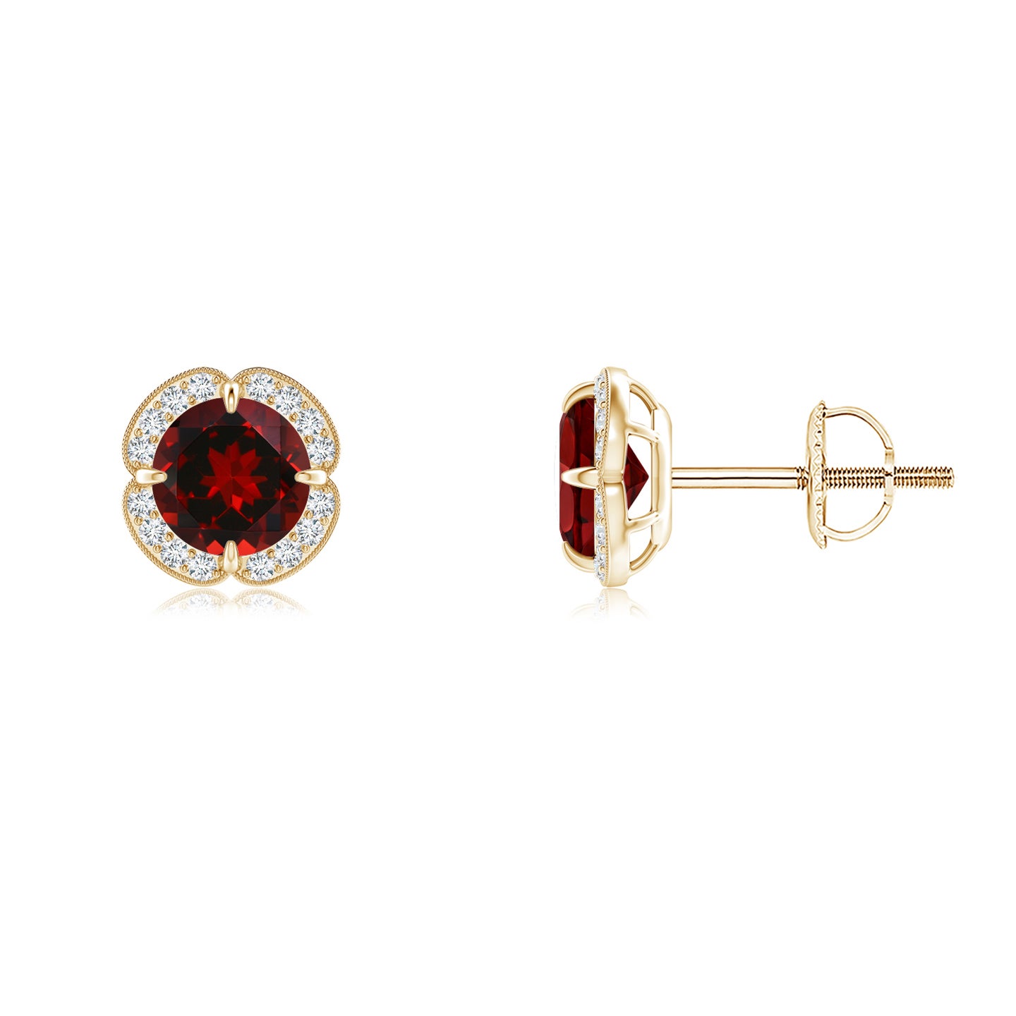 5mm AAAA Claw-Set Garnet Clover Stud Earrings in Yellow Gold