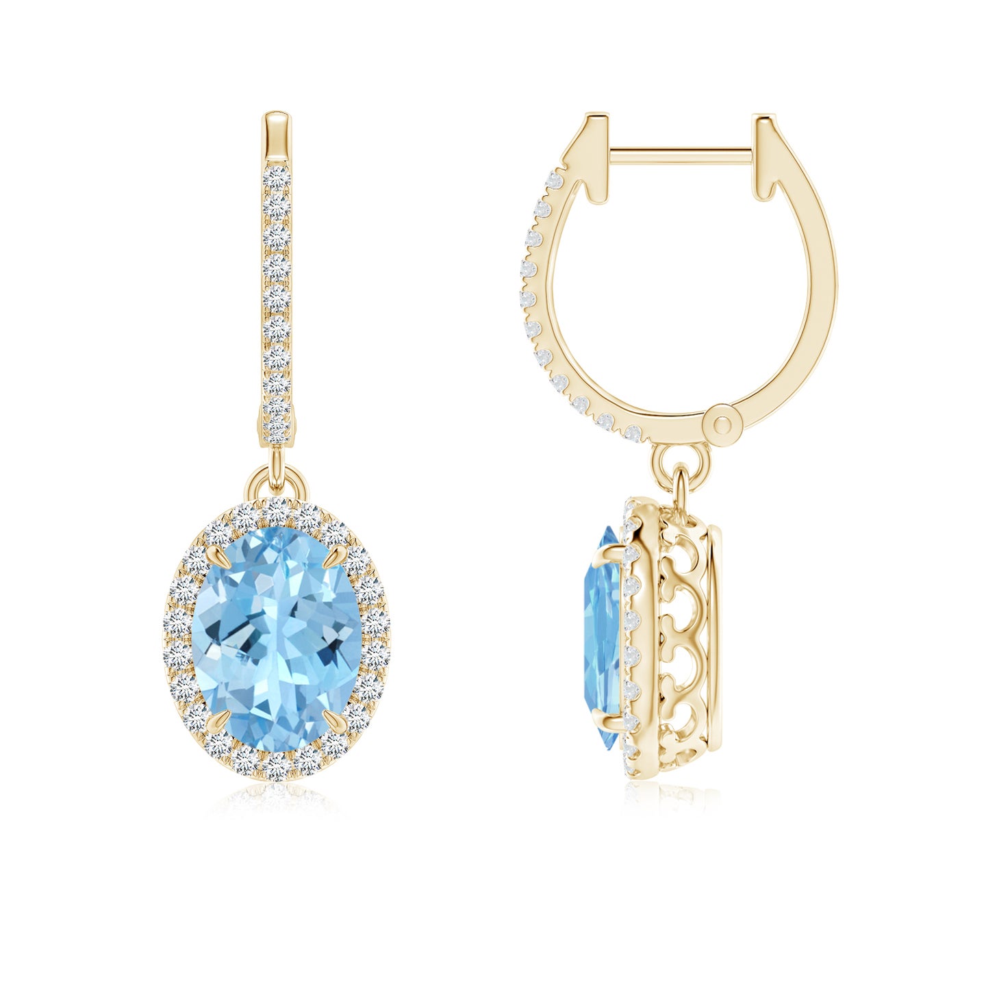8x6mm AAAA Oval Aquamarine Dangle Earrings with Diamond Halo in Yellow Gold
