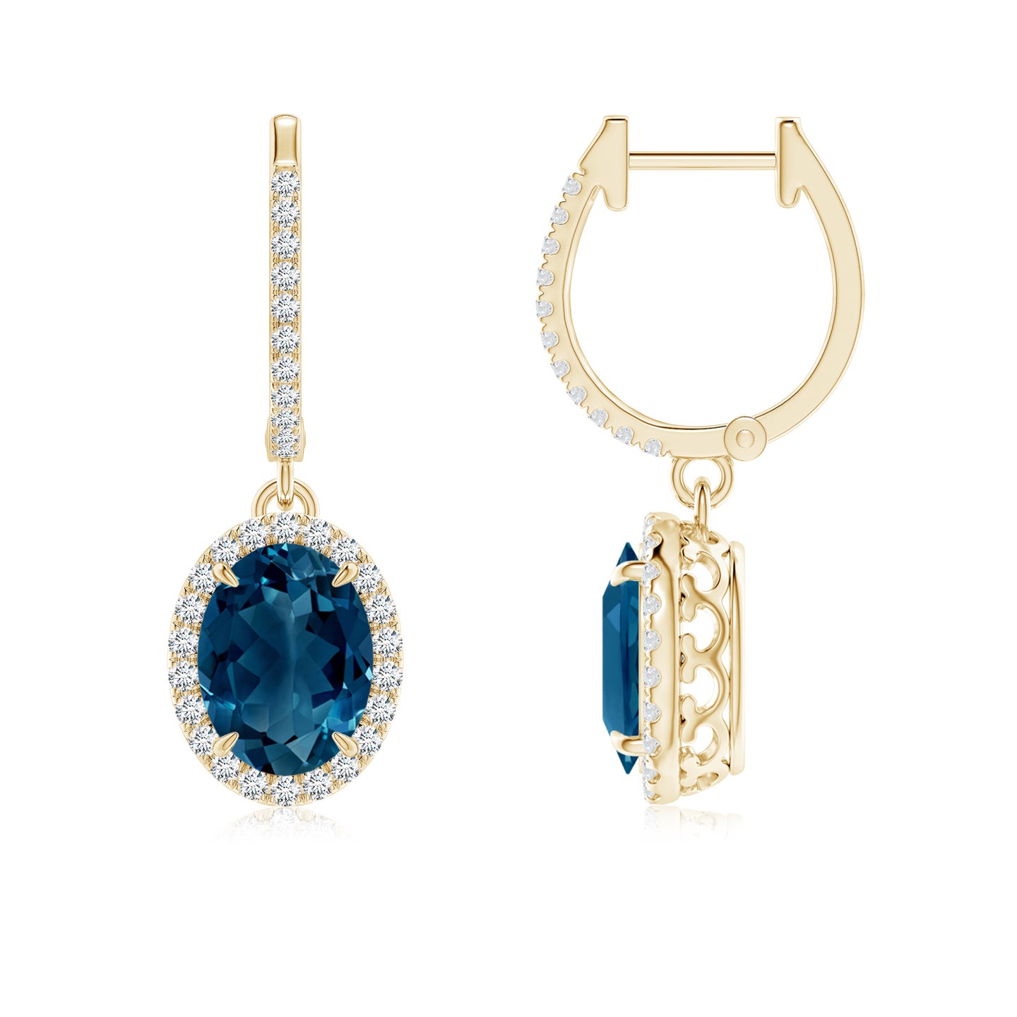 8x6mm AAAA Oval London Blue Topaz Dangle Earrings with Diamonds in Yellow Gold