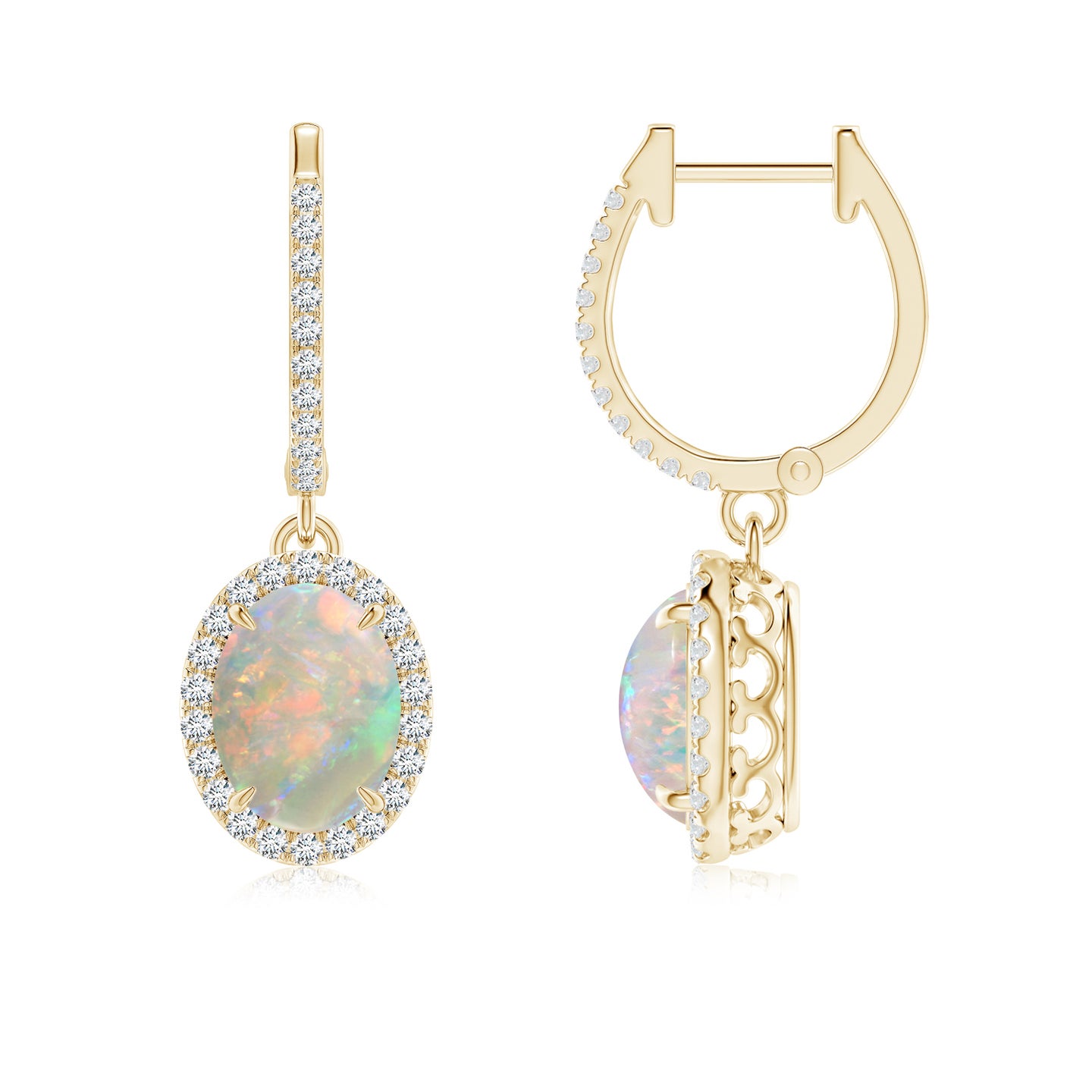 8x6mm AAAA Oval Opal Dangle Earrings with Diamond Halo in Yellow Gold