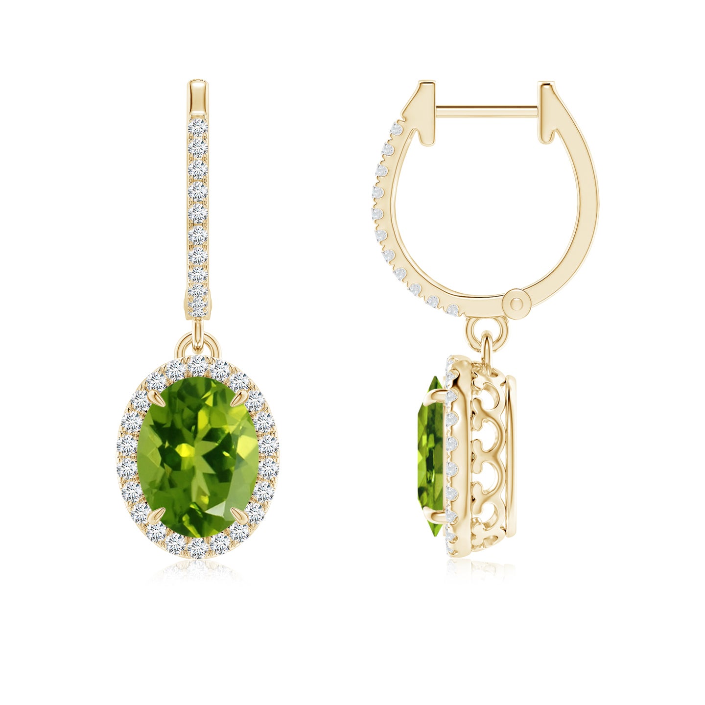 8x6mm AAAA Oval Peridot Dangle Earrings with Diamond Halo in Yellow Gold