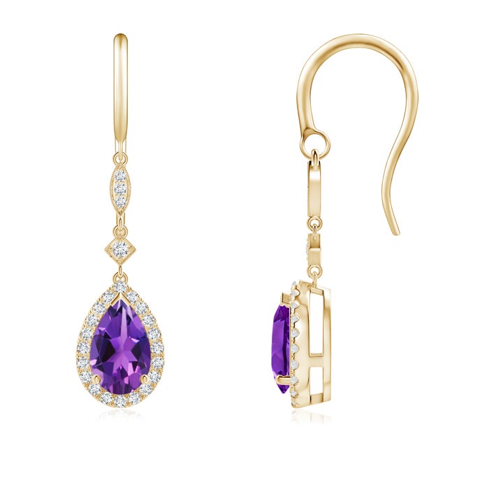 8x5mm AAAA Pear-Shaped Amethyst Drop Earrings with Diamond Halo in Yellow Gold