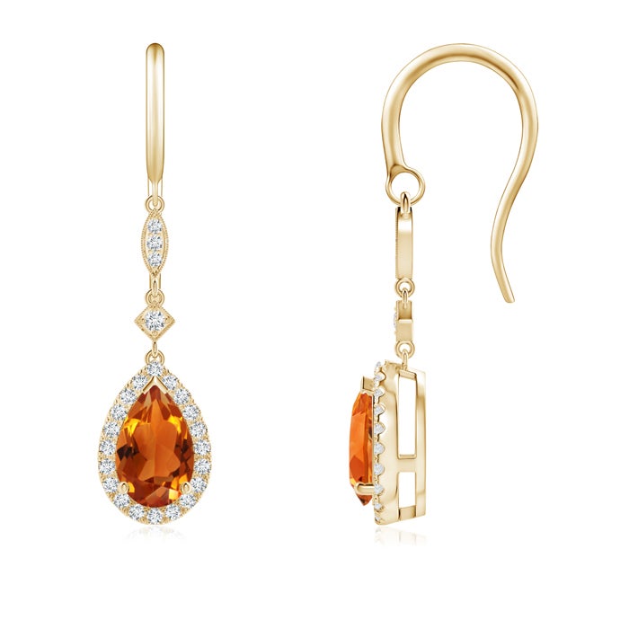 8x5mm AAAA Pear-Shaped Citrine Drop Earrings with Diamond Halo in Yellow Gold
