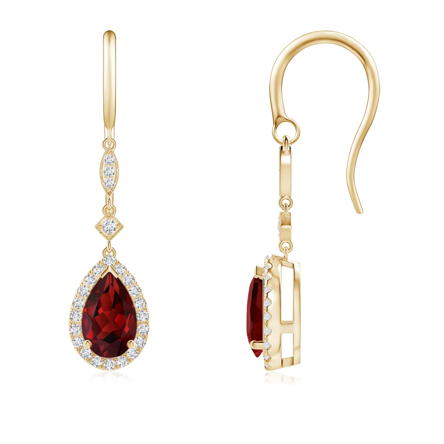 8x5mm AAAA Pear-Shaped Garnet Drop Earrings with Diamond Halo in Yellow Gold