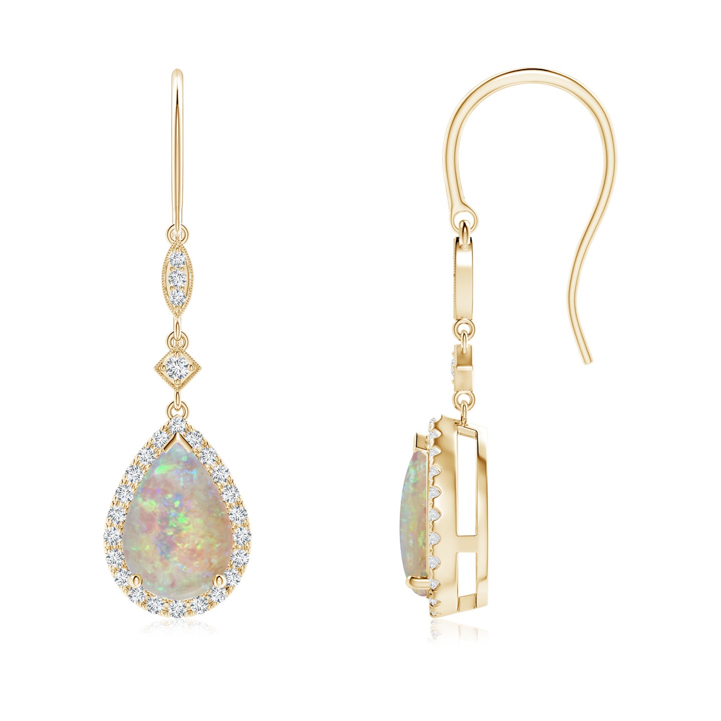 9x6mm AAAA Pear-Shaped Opal Drop Earrings with Diamond Halo in Yellow Gold