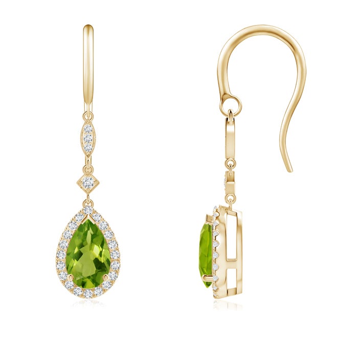 8x5mm AAAA Pear-Shaped Peridot Drop Earrings with Diamond Halo in Yellow Gold 8x5mm AAAA Pear-Shaped Peridot Drop Earrings with Diamond Halo in Yellow Gold
