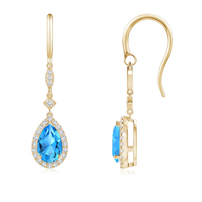 8x5mm AAAA Pear-Shaped Swiss Blue Topaz Drop Earrings with Diamonds in Yellow Gold