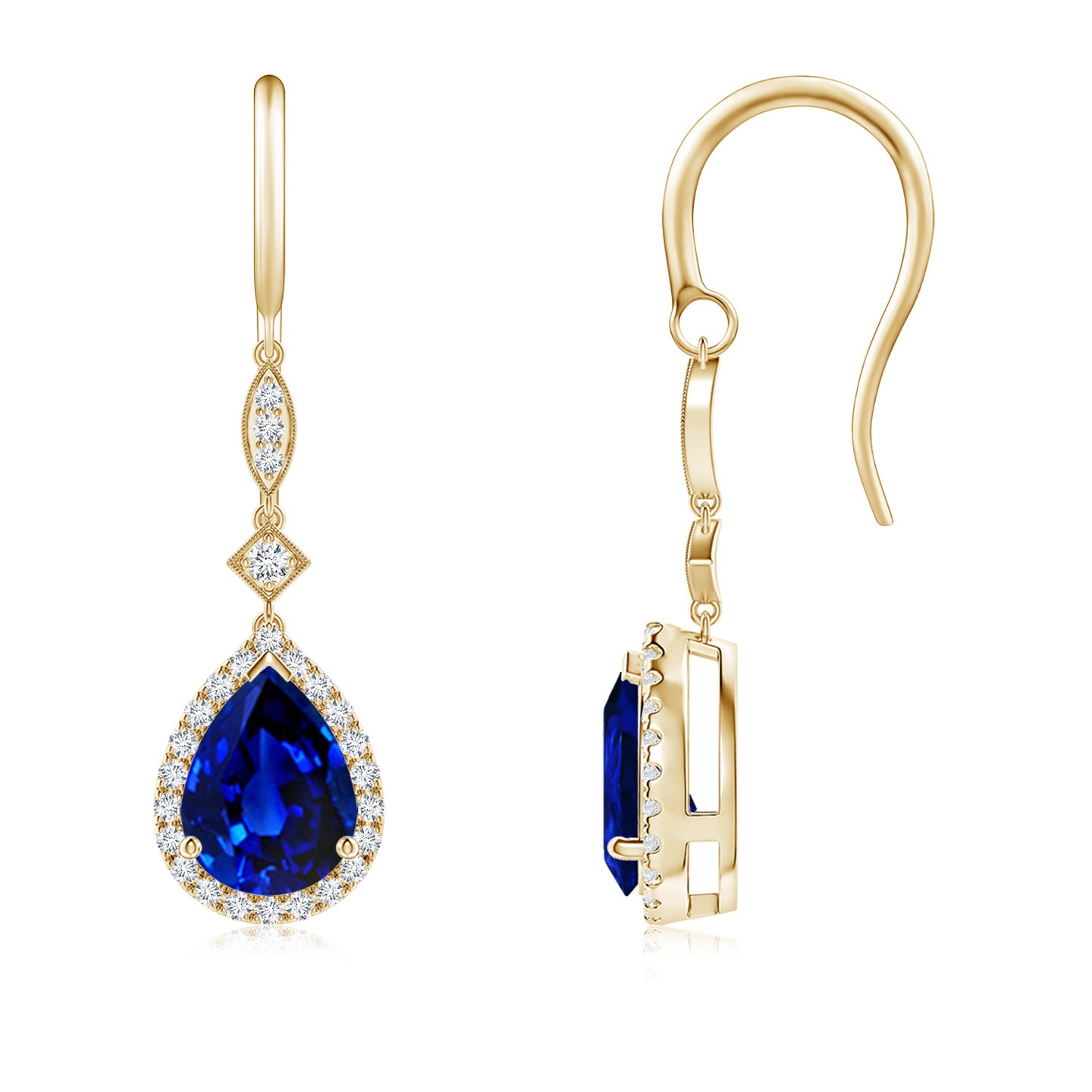 Lab-Grown Pear-Shaped Blue Sapphire Halo Dangle Earrings