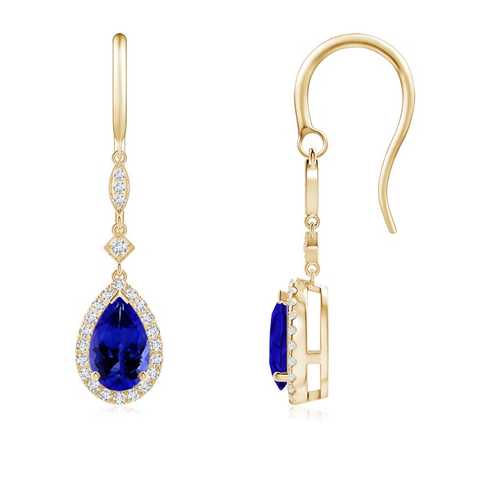 8x5mm AAAA Pear-Shaped Tanzanite Drop Earrings with Diamond Halo in Yellow Gold
