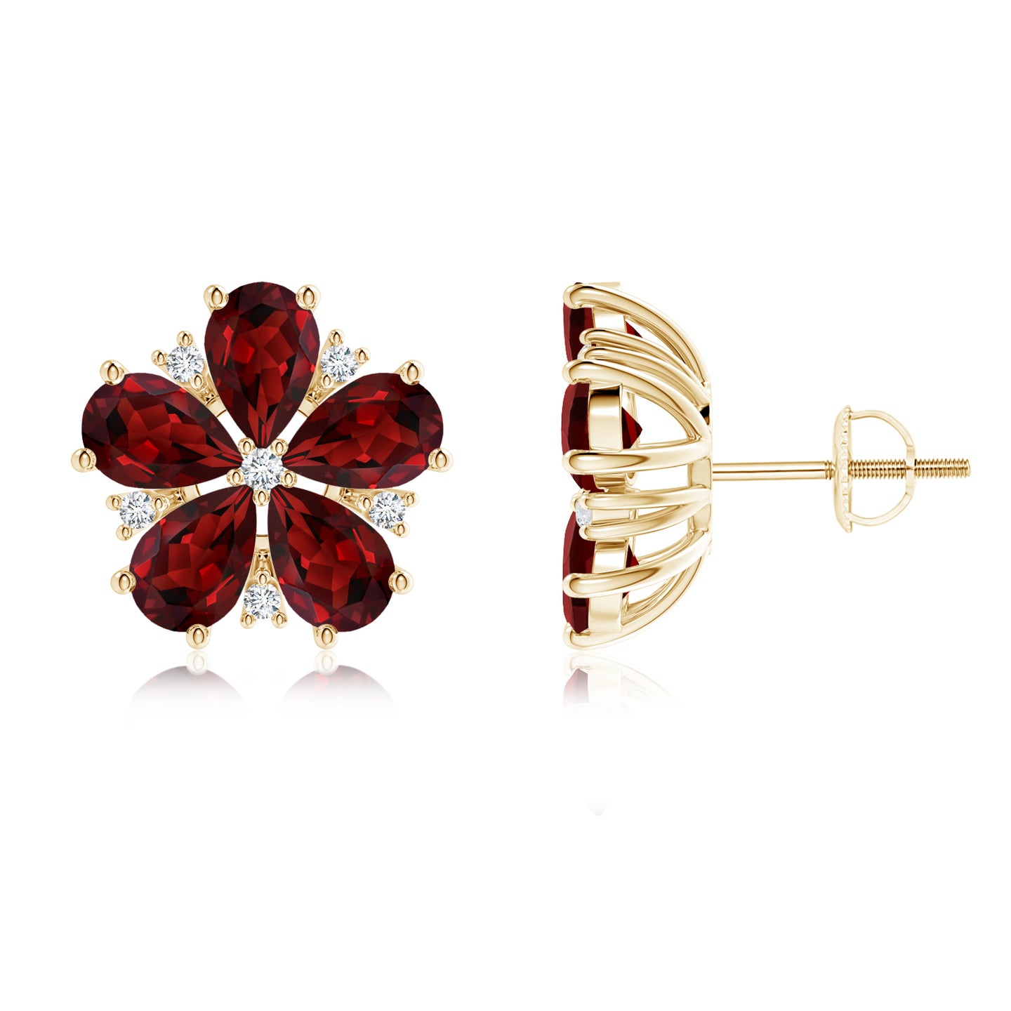6x4mm AAAA Pear-Shaped Garnet and Diamond Flower Stud Earrings in Yellow Gold