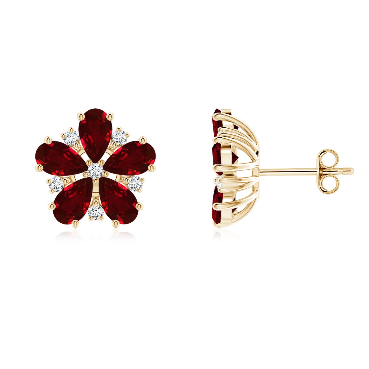 Pear Ruby and Diamond Flower Stud Earrings
