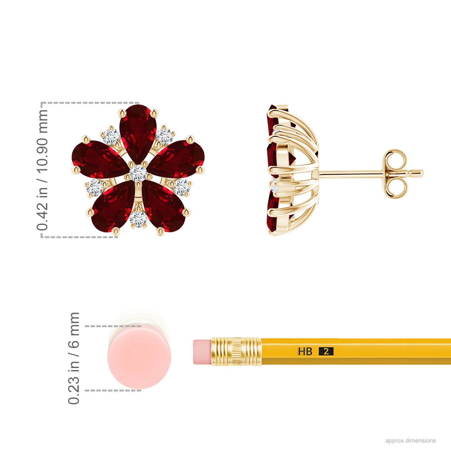 Pear Ruby and Diamond Flower Stud Earrings