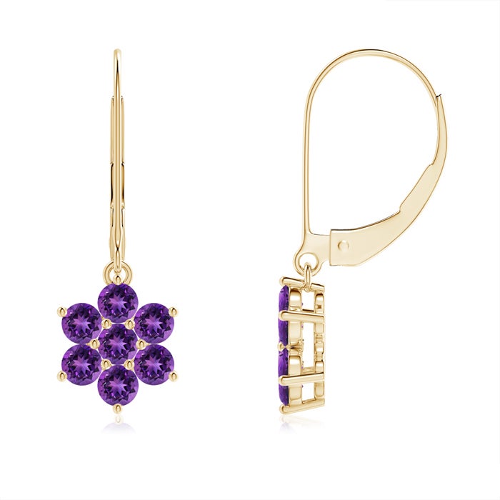 2.5mm AAAA Round Amethyst Floral Cluster Dangle Earrings in Yellow Gold