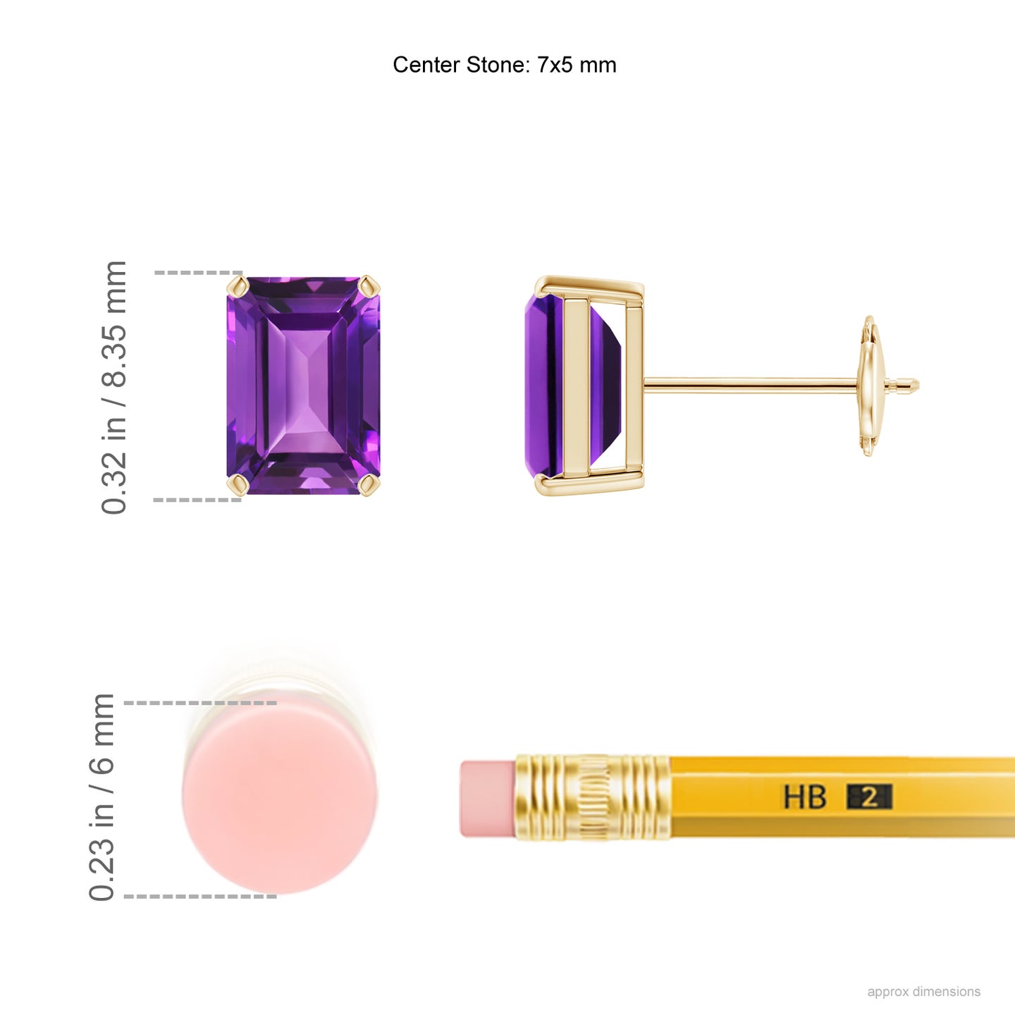 7x5mm AAAA Prong-Set Emerald-Cut Amethyst Solitaire Stud Earrings in Yellow Gold
