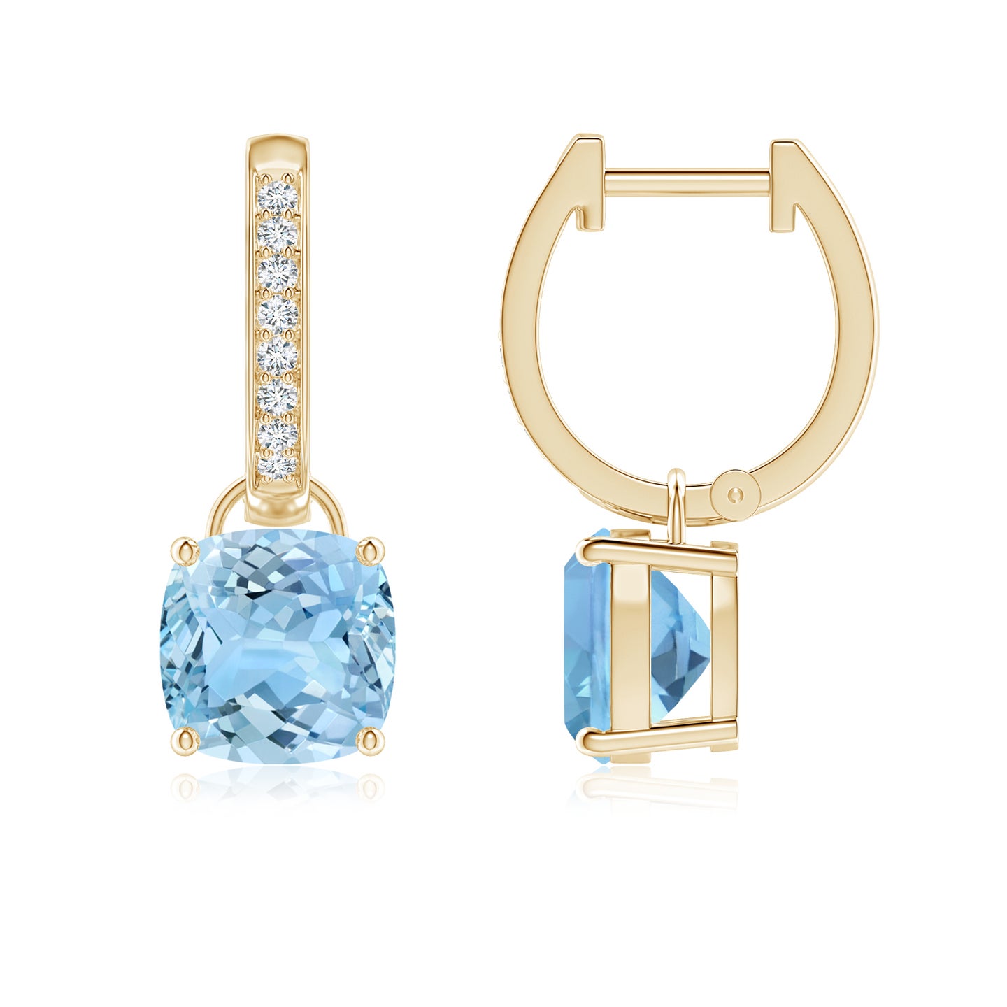 7mm AAAA Cushion Aquamarine Drop Earrings with Diamond Accents in Yellow Gold
