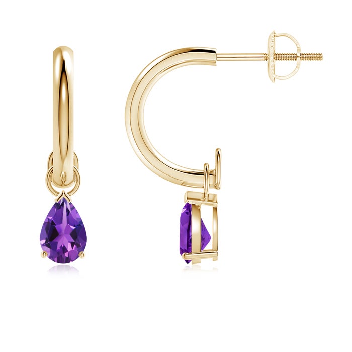 6x4mm AAAA Pear-Shaped Amethyst Drop Earrings with Screw Back in Yellow Gold