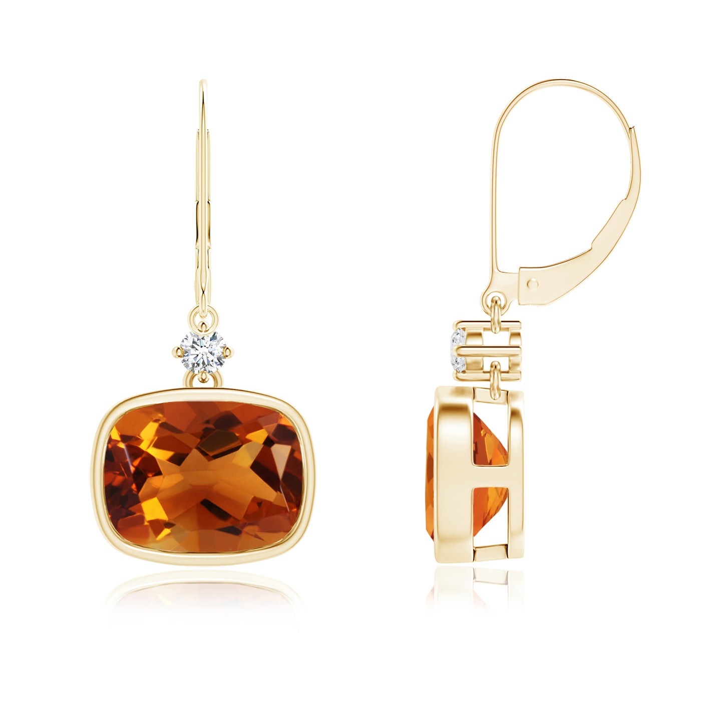 9x7mm AAAA Cushion Citrine and Diamond Leverback Dangle Earrings in Yellow Gold